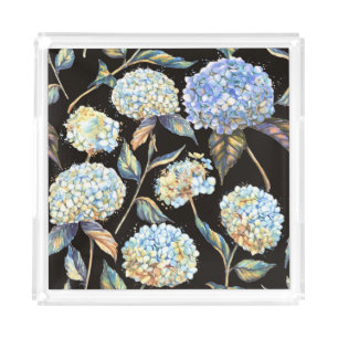Blue Hydrangea Watercolor: Dark Seamless Pattern Acrylic Tray