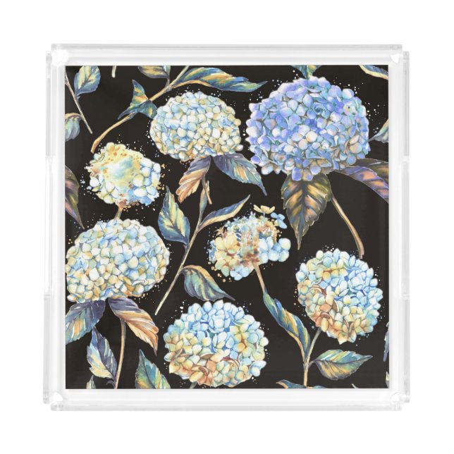 Blue Hydrangea Watercolor: Dark Seamless Pattern Acrylic Tray (Front)