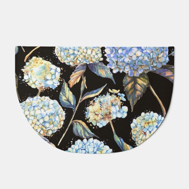 Blue Hydrangea Watercolor: Dark Seamless Pattern Doormat (Front)