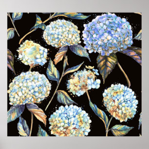 Blue Hydrangea Watercolor: Dark Seamless Pattern Poster