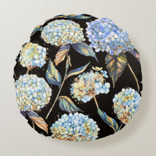 Blue Hydrangea Watercolor: Dark Seamless Pattern Round Pillow