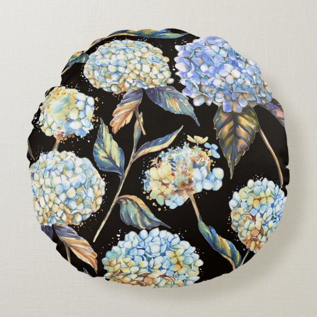 Blue Hydrangea Watercolor: Dark Seamless Pattern Round Pillow (Front)