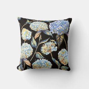 Blue Hydrangea Watercolor: Dark Seamless Pattern Throw Pillow