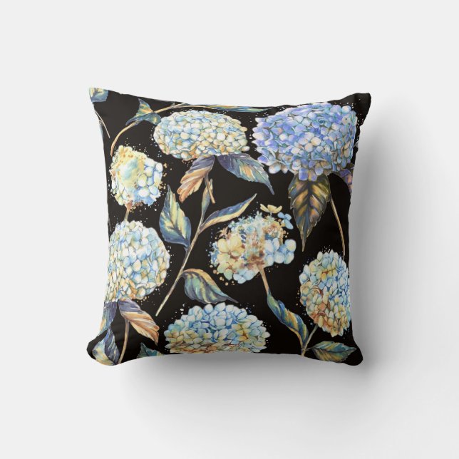 Blue Hydrangea Watercolor: Dark Seamless Pattern Throw Pillow (Front)