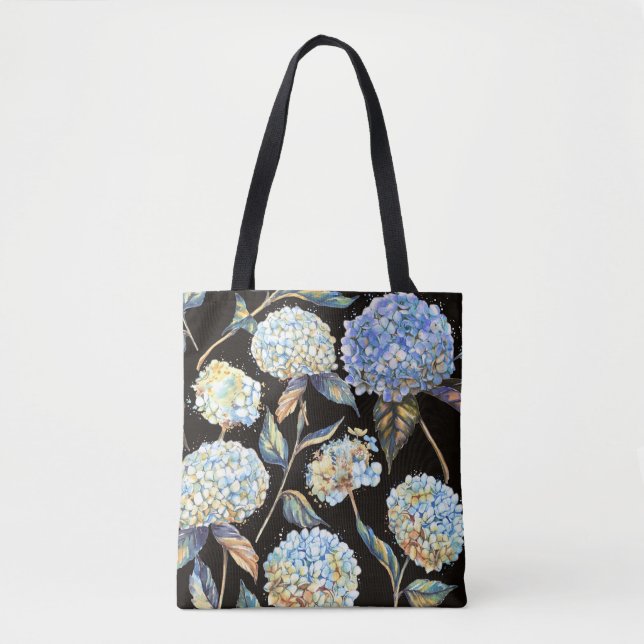 Blue Hydrangea Watercolor: Dark Seamless Pattern Tote Bag (Front)