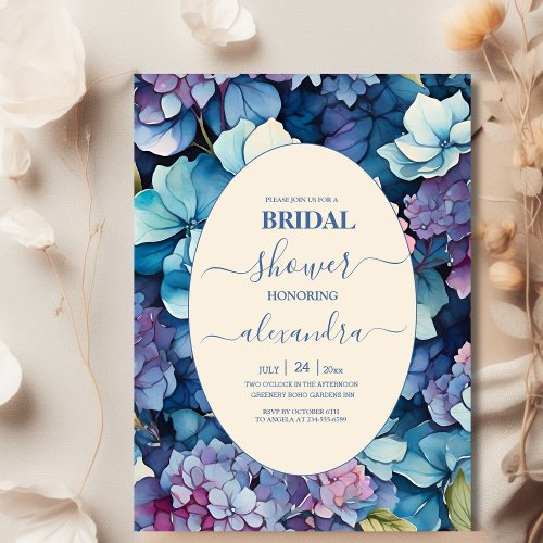Blue Hydrangea Watercolor Floral Bridal Invitation