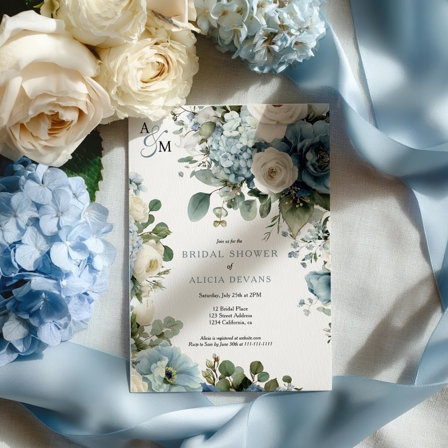 Blue Hydrangea Watercolor Floral Bridal Shower