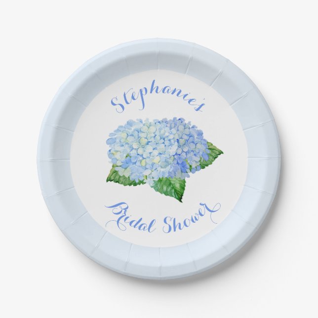 Blue Hydrangea Watercolor Floral Bridal Shower Paper Plates (Front)