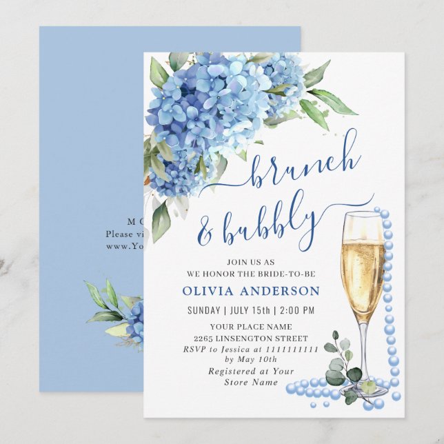 Blue Hydrangea Watercolor Floral Brunch and Bubbly Invitation (Front/Back)