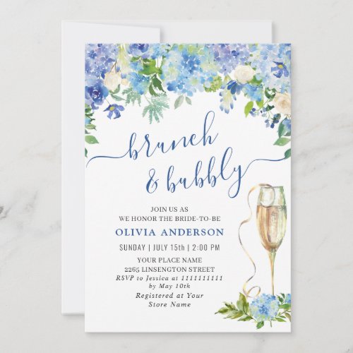 Blue Hydrangea Watercolor Floral Brunch and Bubbly Invitation