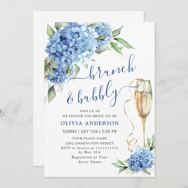 Blue Hydrangea Watercolor Floral Brunch and Bubbly Invitation (Front/Back)
