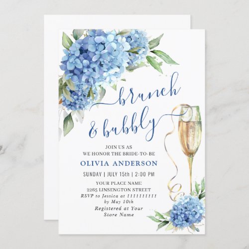 Blue Hydrangea Watercolor Floral Brunch and Bubbly Invitation