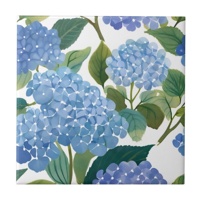 Blue Hydrangea Watercolor Floral Coastal Ceramic Tile (Front)