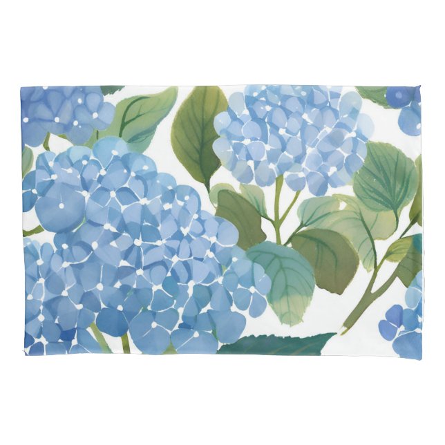 Blue Hydrangea Watercolor Floral Coastal Pillow Case (Front)
