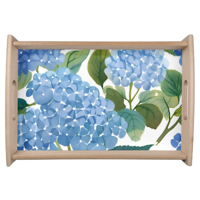 Blue Hydrangea Watercolor Floral Coastal Serving Tray (Front)