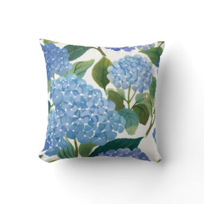 Blue Hydrangea Watercolor Floral Coastal Throw Pillow