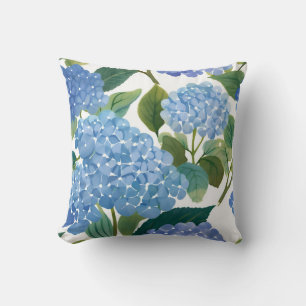 Blue Hydrangea Watercolor Floral Coastal Throw Pillow