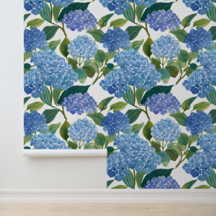 Blue Hydrangea Watercolor Floral Coastal Wallpaper