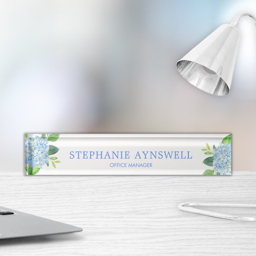 Blue Hydrangea Watercolor Floral Desk Name Plate