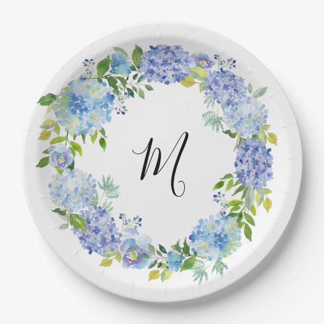 Blue Hydrangea Watercolor Floral Monogram Paper Plates (Front)