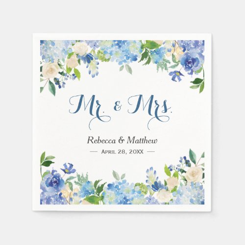 Blue Hydrangea Watercolor Floral Mr  Mrs Wedding Paper Napkins