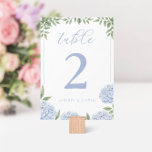 Blue Hydrangea Watercolor Floral Personalized Table Number<br><div class="desc">This beautiful floral table number card features watercolor blue hydrangea flowers and your custom text on both sides of the card. Use the template to fill in your information. The "Customize further" feature can be used to change the font (size, style, color), add more lines of text or change the...</div>