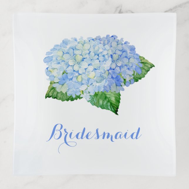 Blue Hydrangea Watercolor Floral Personalized Trinket Tray (Front)