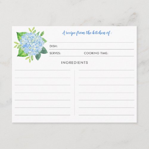 Blue Hydrangea Watercolor Floral Recipe Cards