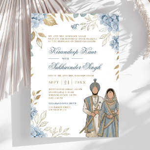 Blue Hydrangea Watercolor Floral Sikh Wedding Invitation