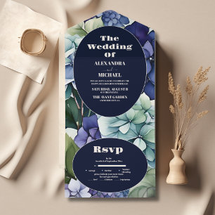 Blue Hydrangea Watercolor Floral Wedding All In One Invitation