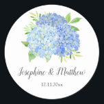 Blue Hydrangea Watercolor Floral Wedding Classic Round Sticker<br><div class="desc">These wedding stickers feature blue hydrangeas and leaves. Personalize them with your names and wedding date. These stickers are ideal for use as envelope seal stickers or for decorating wedding favors. These stickers are part of a collection which includes a range of matching wedding stationery. Please visit the collection page...</div>