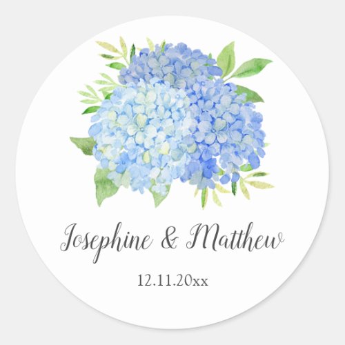 Blue Hydrangea Watercolor Floral Wedding Classic Round Sticker