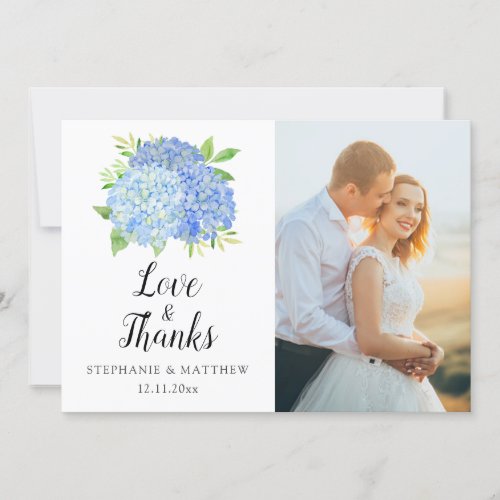 Blue Hydrangea Watercolor Floral Wedding Photo Thank You Card