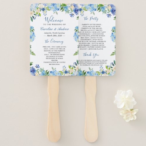 Blue Hydrangea Watercolor Floral Wedding Program Hand Fan