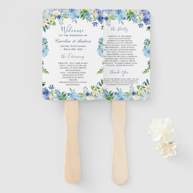 Blue Hydrangea Watercolor Floral Wedding Program Hand Fan (Front and Back)