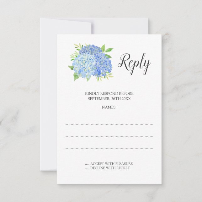 Blue Hydrangea Watercolor Floral Wedding RSVP Card (Front)