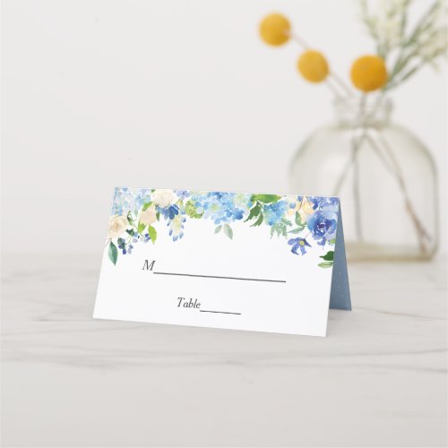 Blue Hydrangea Watercolor Floral Wedding Table Place Card