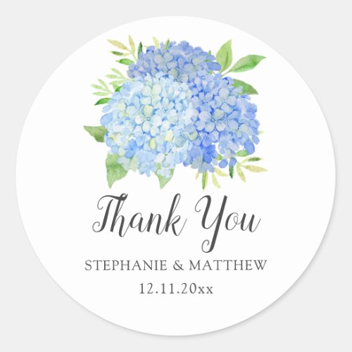 Blue Hydrangea Watercolor Floral Wedding Thank You Classic Round Sticker