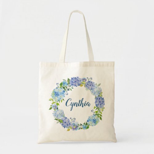 Blue Hydrangea Watercolor Floral Wreath Bridesmaid Tote Bag