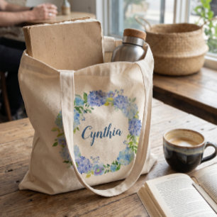 Blue Hydrangea Watercolor Floral Wreath Bridesmaid Tote Bag