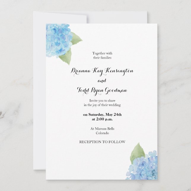 Blue Hydrangea Watercolor FloralInvitation Invitation (Front)