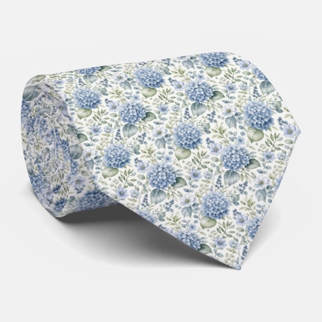Blue Hydrangea Watercolor Florals Wedding Groom  Neck Tie (Rolled)