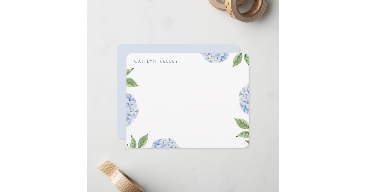 Blue Hydrangea Watercolor Flowers, Custom Flat Note Card | Zazzle