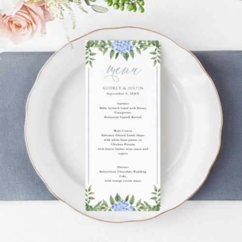 Blue Hydrangea Watercolor Flowers Wedding Menu