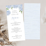 Blue Hydrangea Watercolor Flowers Wedding Menu<br><div class="desc">This beautiful design features blue hydrangea blooms and your custom text. Use the template form to add your information. The Customize Further feature can be used to access the advanced editing menu where you can change the font, colors and layout of the text, or add text to the back of...</div>