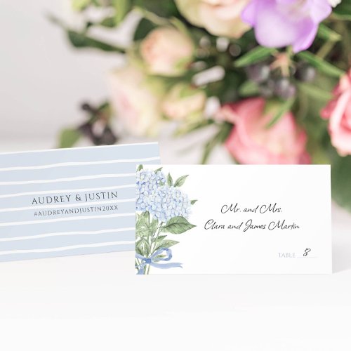 Blue Hydrangea Watercolor Flowers Wedding  Place Card