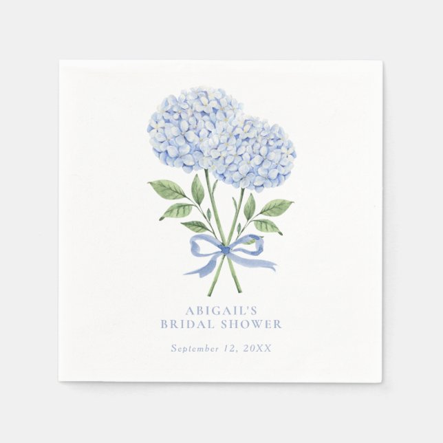 Blue Hydrangea Watercolor Flowers with Bow Napkins (Front)