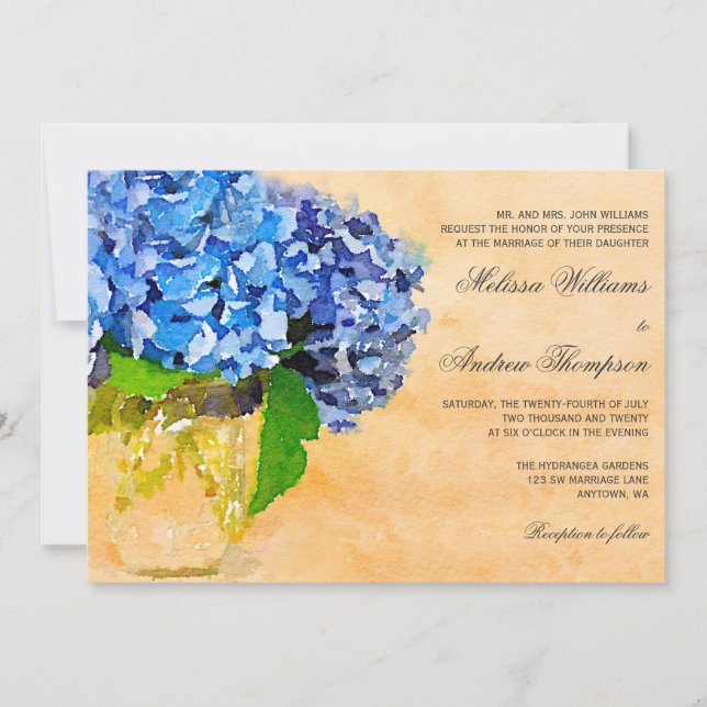 Blue Hydrangea Watercolor Mason Jar Wedding Invitation (Front)