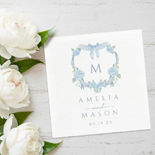 Blue Hydrangea Watercolor Monogram Crest Wedding Napkins