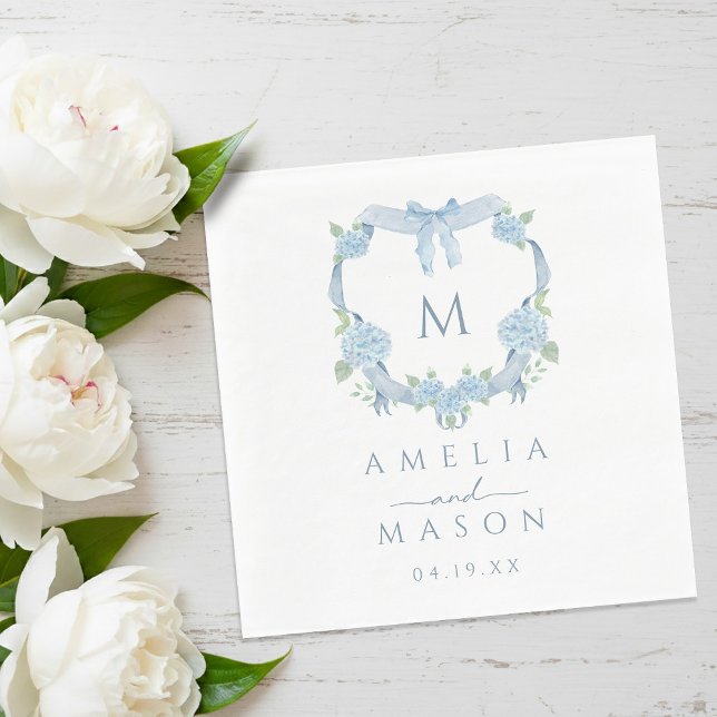 Blue Hydrangea Watercolor Monogram Crest Wedding Napkins (Blue Hydrangea Watercolor Monogram Crest Wedding Napkins)